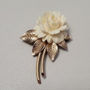 Vintage WINARD Signed 12k Gold Filled GF Carved Celluloid Rose Flower Brooch Pin